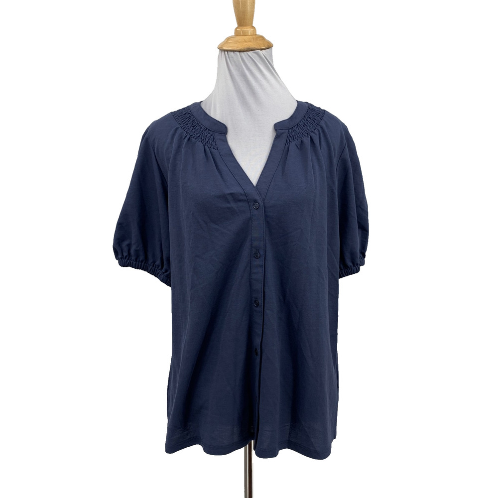 Bobeau Top Womens Small Indigo Button Up Elastic Cuff Smocked Split V Neck Shirt